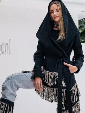 Chintamani Alchemistry Linen Silk Hooded Shaman Sweater Black Tassle Robe Duster